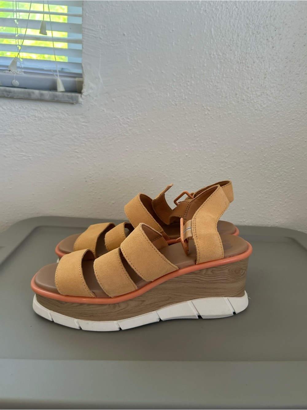 Sorel Mustard Suede Platform Sandals with Wood-Effect Wedge